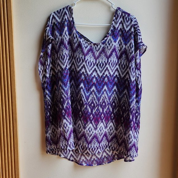 Torrid Purple Aztec ZigZag Sheer Polyester Blouse Size 1X - Picture 2 of 14